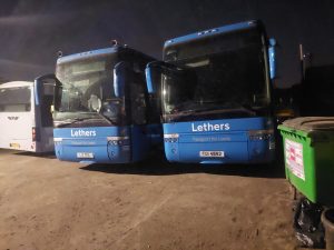 Two Lethers Travel coaches parked at the Leeds depot